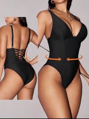 SHEIN Black Lace-Up Back One-Piece Swimsuit